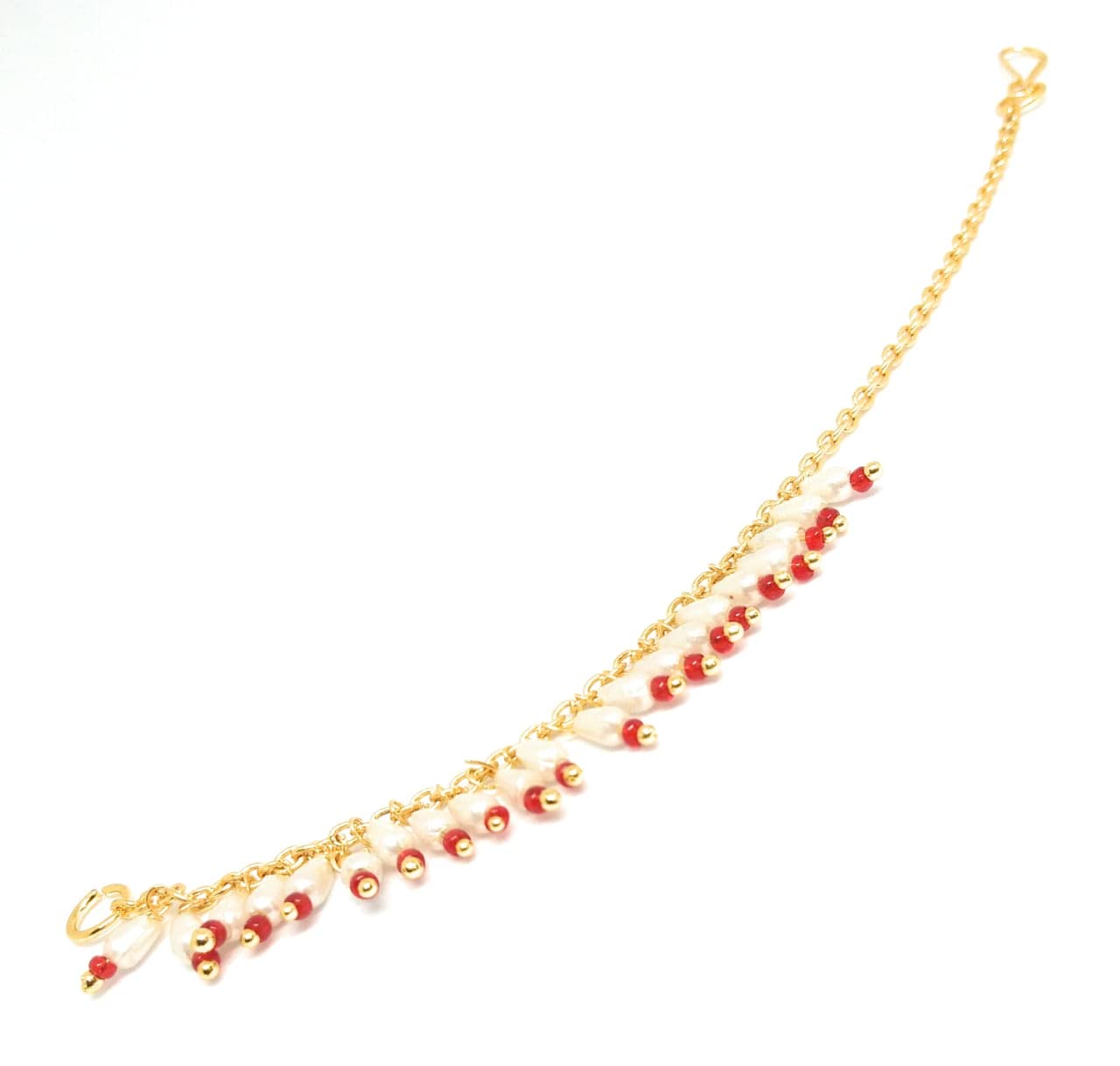 SHARALLE Nath Chain for Women - Nose Ring String With Hook detail photo 2 showing backrope dori, hooks, tassels and necklace...