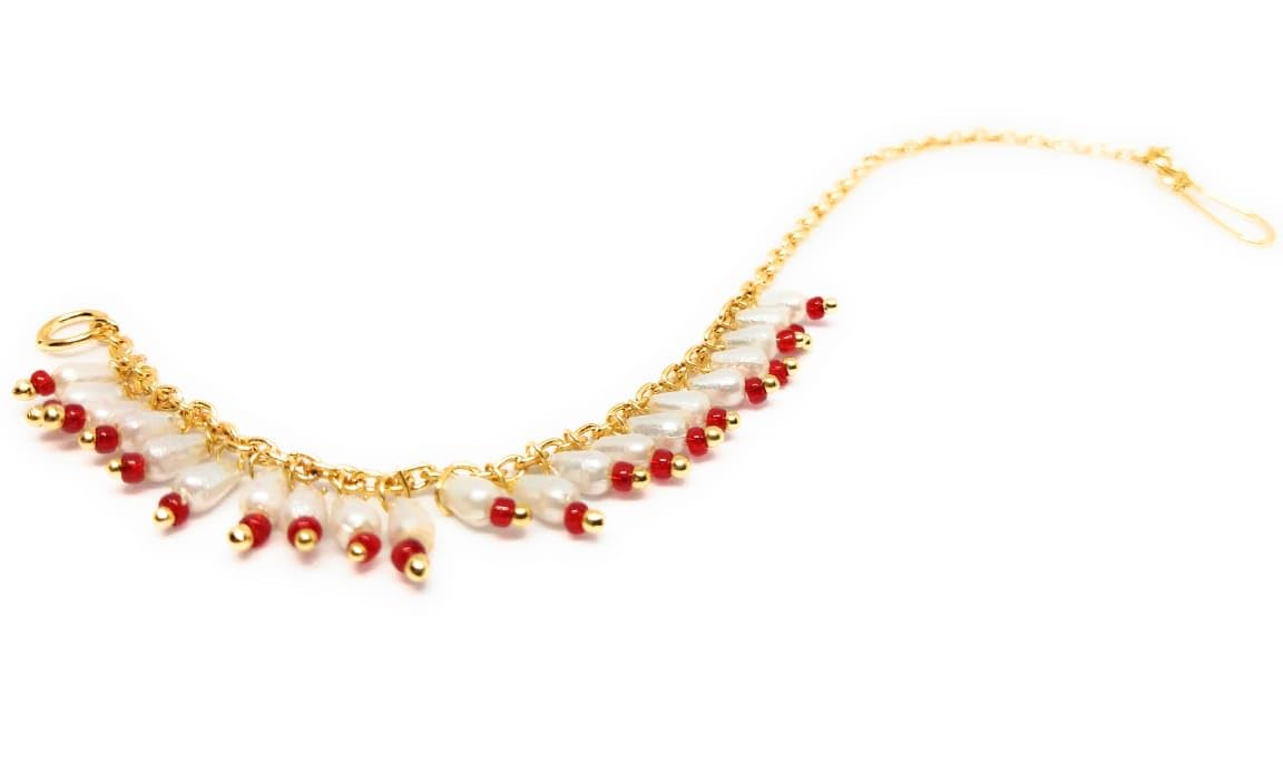 SHARALLE Nath Chain for Women - Nose Ring String With Hook detail photo 4 showing backrope dori, hooks, tassels and necklace...