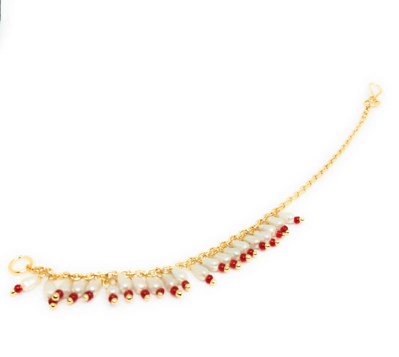 SHARALLE Nath Chain for Women - Nose Ring String With Hook detail photo 3 showing backrope dori, hooks, tassels and necklace...