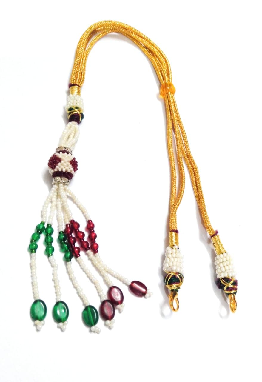SHARALLE Handmade Metallic Necklace Backrope With Hook and Tassel detail photo 4 showing backrope dori, hooks, tassels and n...