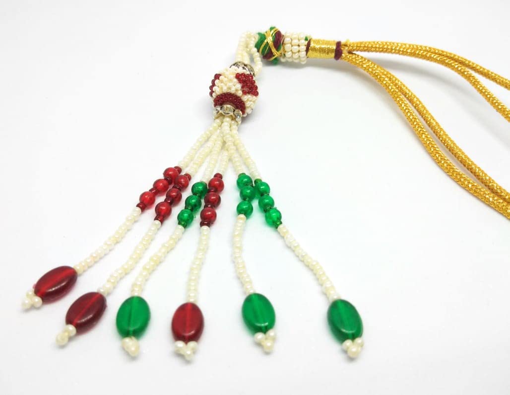 SHARALLE Handmade Metallic Necklace Backrope With Hook and Tassel detail photo 2 showing backrope dori, hooks, tassels and n...