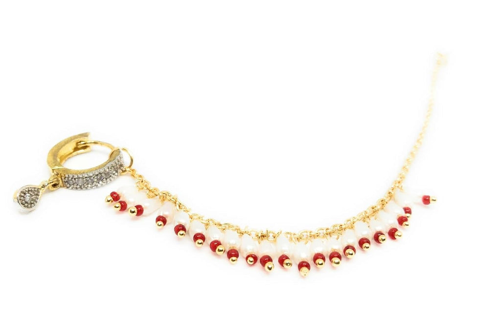 SHARALLE Nath Chain for Women - Nose Ring String With Hook detail photo 5 showing backrope dori, hooks, tassels and necklace...