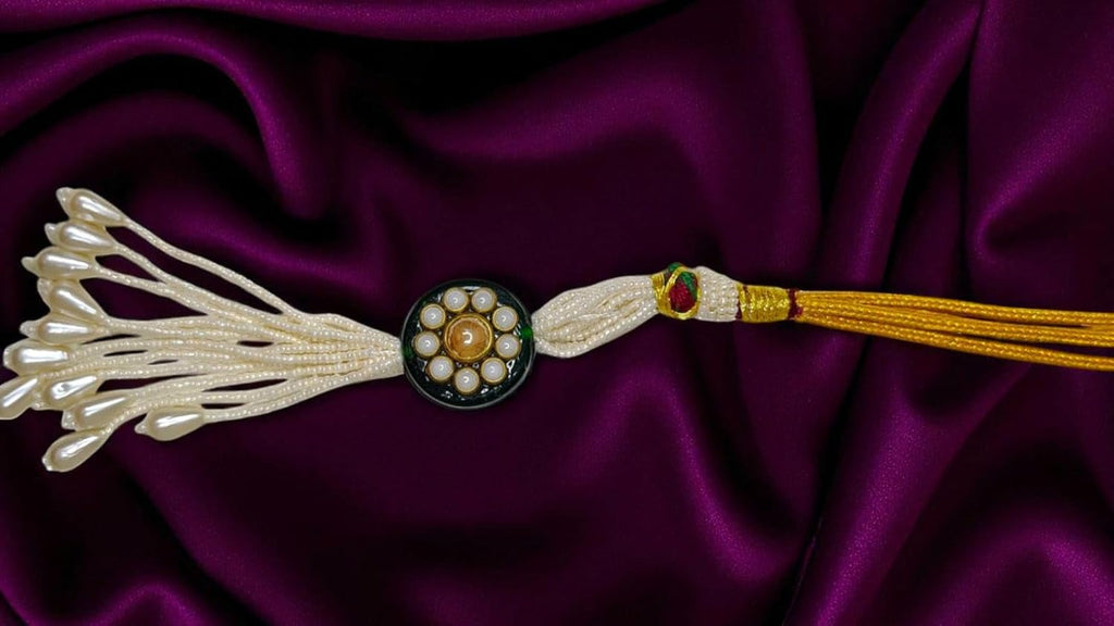 SHARALLE Green Necklace Backrope Dori With Pearl Tassel detail photo 3 showing backrope dori, hooks, tassels and necklace fi...