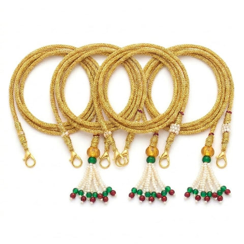 4 Pcs Adjustable Gold Zari Silk Necklace Back Rope Dori with Hook and Pearl Tassel - Main View