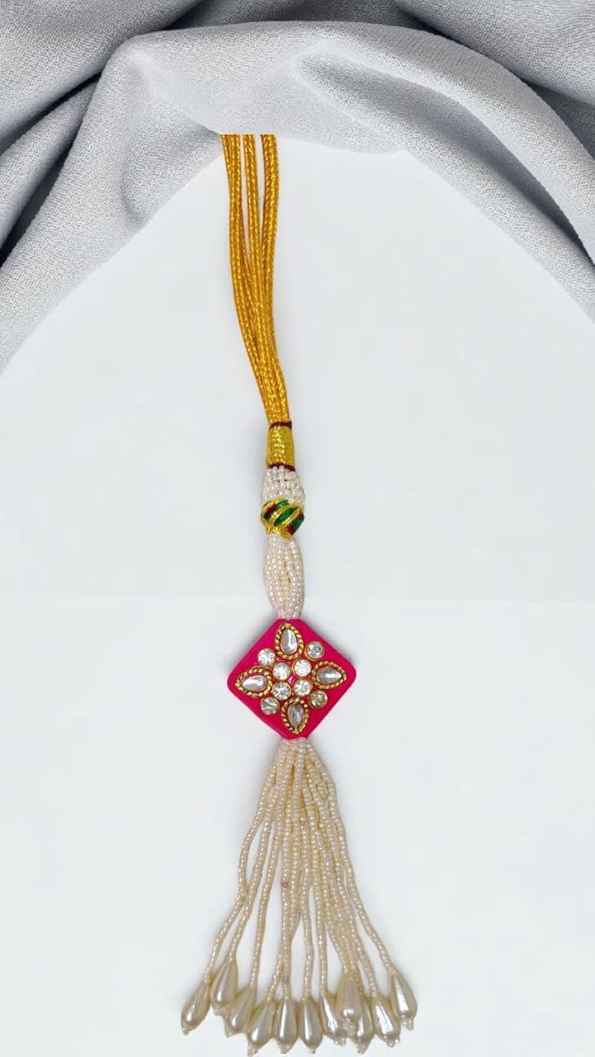 SHARALLE Pearl Tassel Necklace Backrope Dori With Pink Crystal Pendant detail photo 4 showing backrope dori, hooks, tassels...