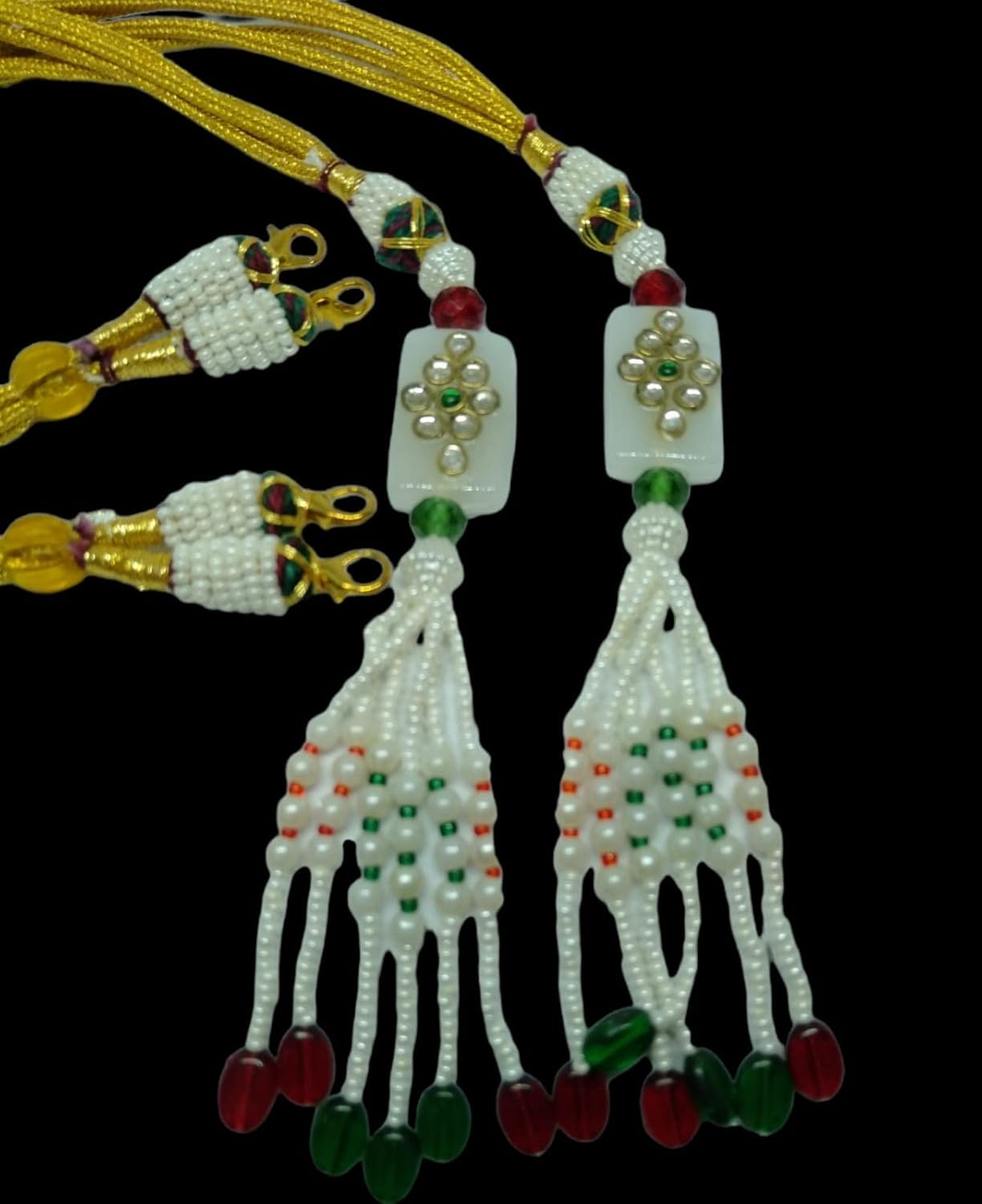 SHARALLE Adjustable Pearl Necklace Backrope Dori detail photo 5 showing backrope dori, hooks, tassels and necklace finishing