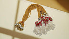 SHARALLE Pearl Beaded Kundan Tassel Necklace Backrope Dori detail photo 3 showing backrope dori, hooks, tassels and necklace...