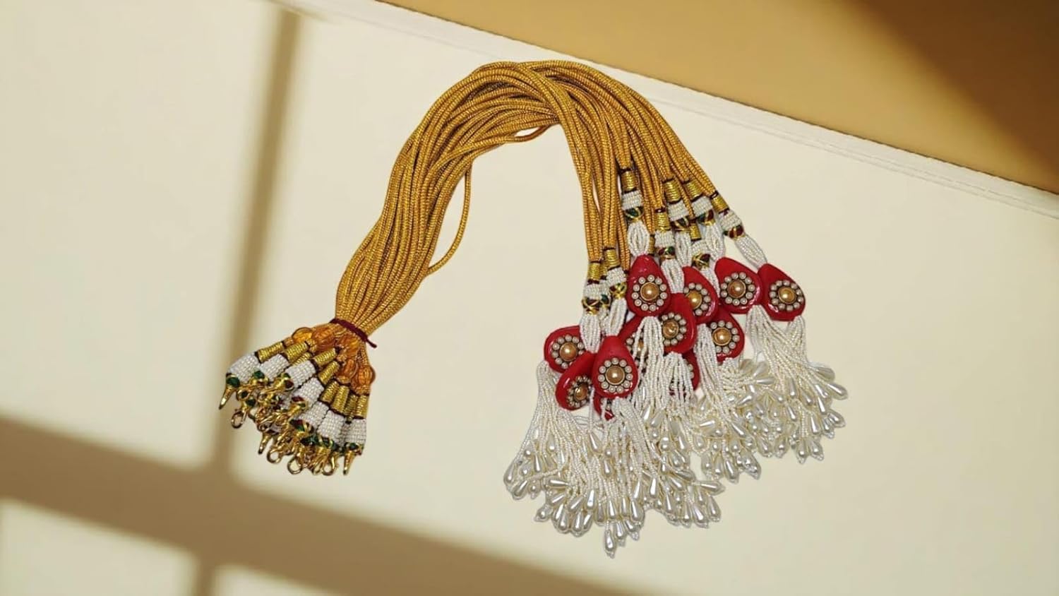 SHARALLE Pearl Beaded Kundan Tassel Necklace Backrope Dori detail photo 3 showing backrope dori, hooks, tassels and necklace...