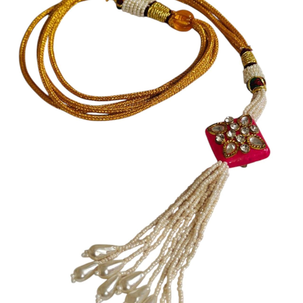 SHARALLE Pearl Tassel Necklace Backrope Dori With Pink Crystal Pendant detail photo 2 showing backrope dori, hooks, tassels...