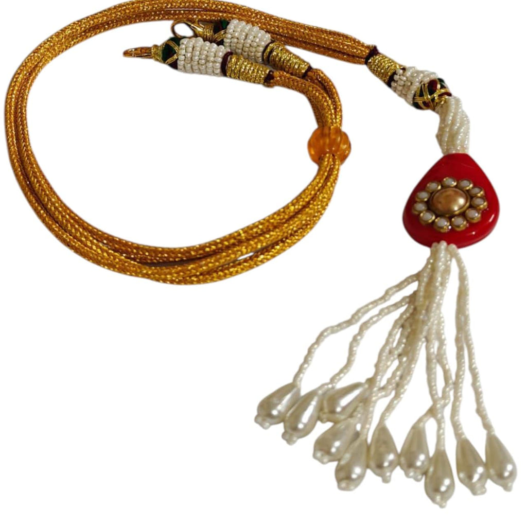 SHARALLE Pearl Beaded Kundan Tassel Necklace Backrope Dori detail photo 2 showing backrope dori, hooks, tassels and necklace...