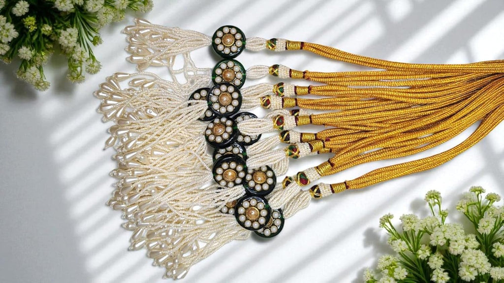 SHARALLE Green Necklace Backrope Dori With Pearl Tassel detail photo 5 showing backrope dori, hooks, tassels and necklace fi...
