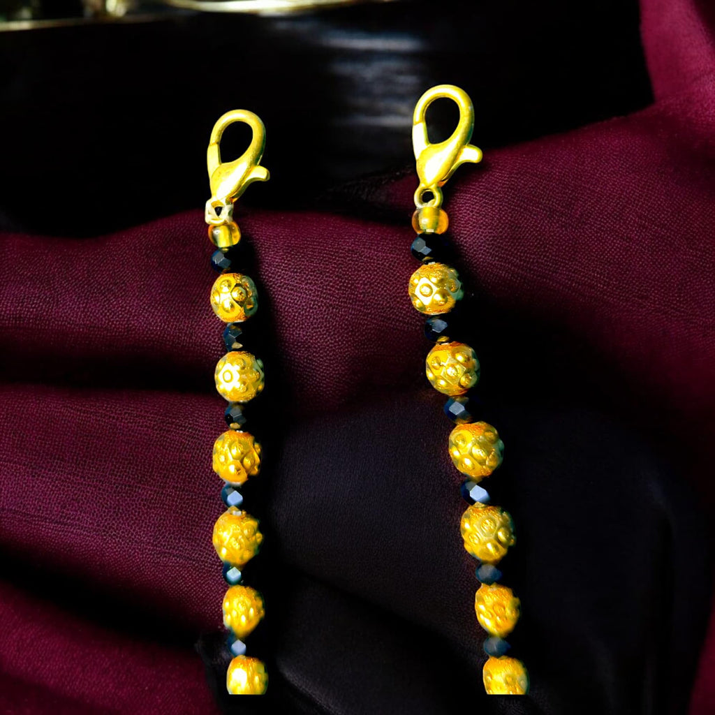 SHARALLE Brass Black Bead Mangalsutra Chain / Lari Dori - 24 Inch detail photo 3 showing backrope dori, hooks, tassels and n...