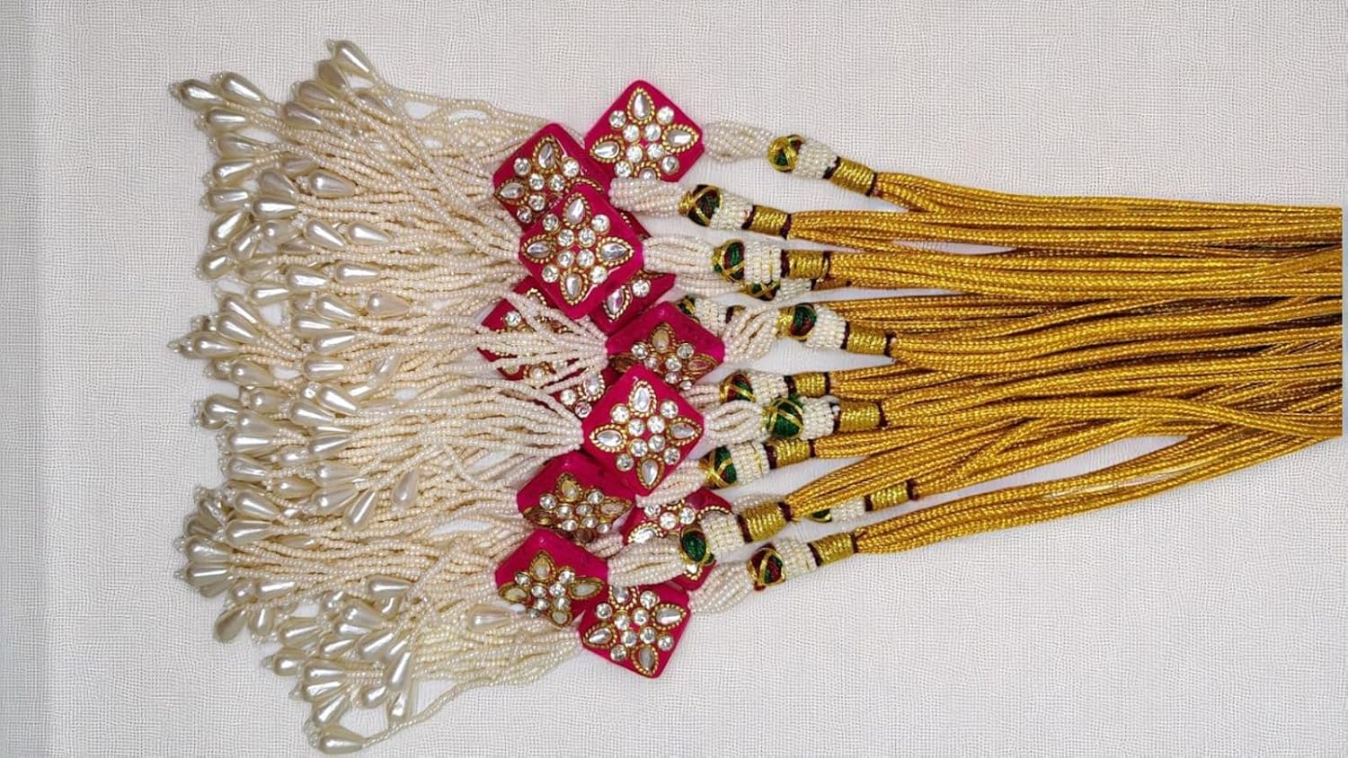SHARALLE Pearl Tassel Necklace Backrope Dori With Pink Crystal Pendant detail photo 5 showing backrope dori, hooks, tassels...