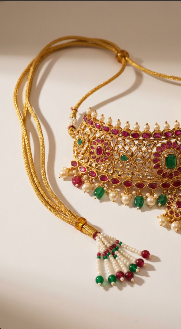 Gold choker necklace tied with SHARALLE-style back dori and tassel