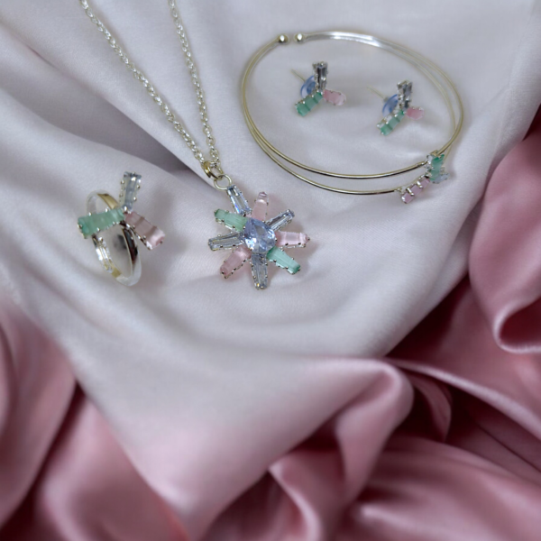 Pastel Crystal Flower Jewelry Set with Mint, Pink & Blue Stones