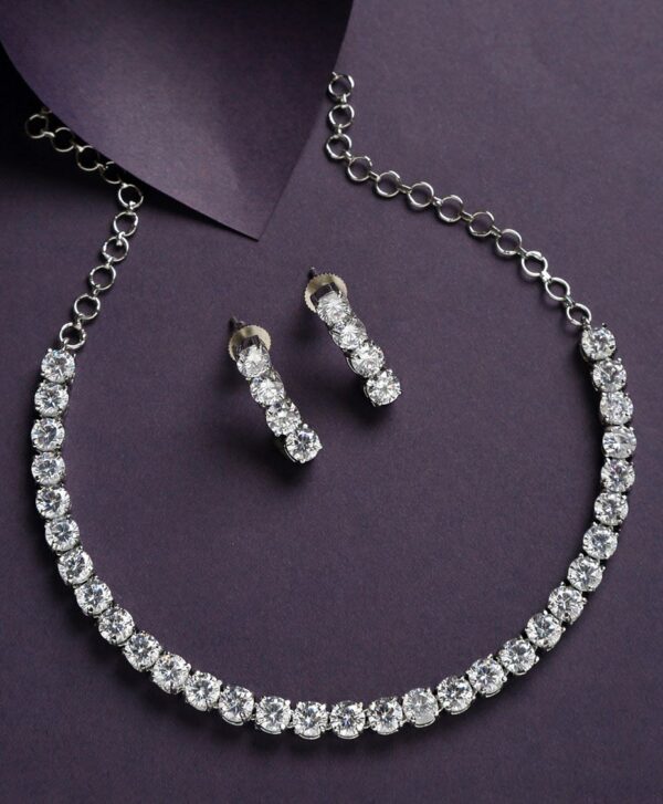 Elegant AD Choker Necklace Set with Earrings – Silver-Plated, Bridal & Party Wear